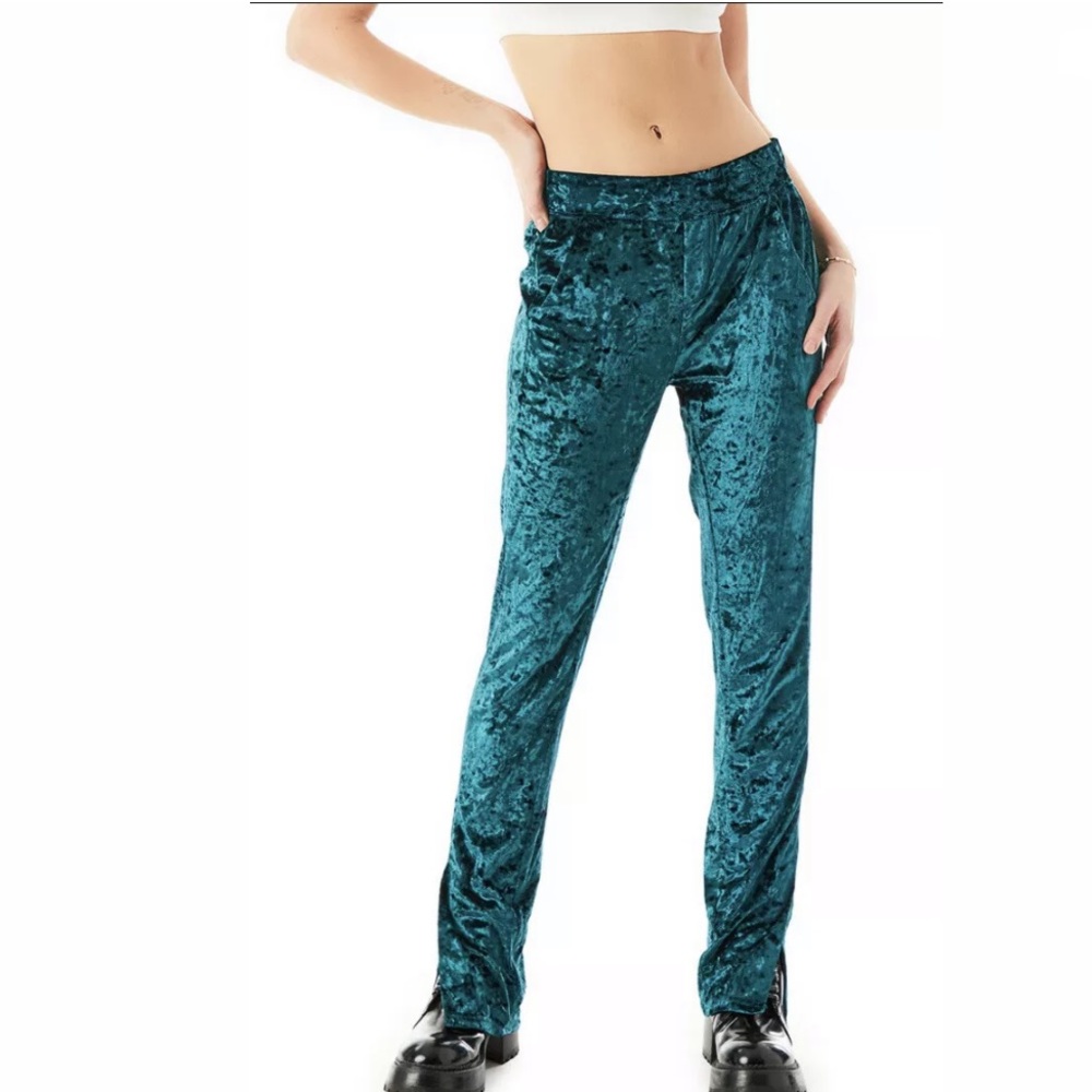 Emma & Sam Crushed Velvet Side Slit Pants Emerald